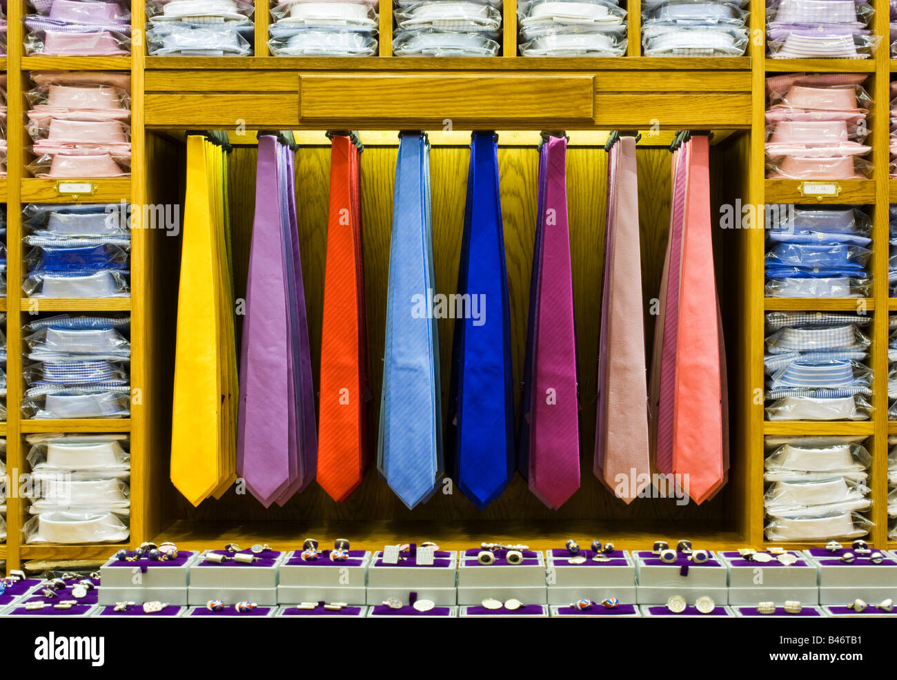 Ties, shirts and cufflinks on retail display, shop, UK Stock Photo