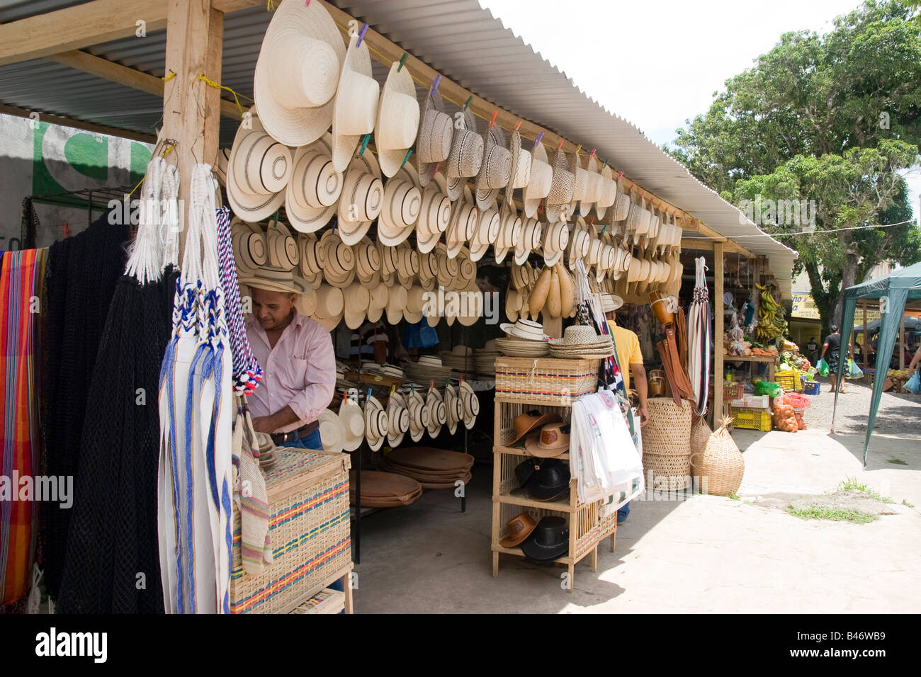 Fine Panamanian Hats for sale at Penonome's Public Market. Province of Coclé, Republic of Panama, Central America. Stock Photo