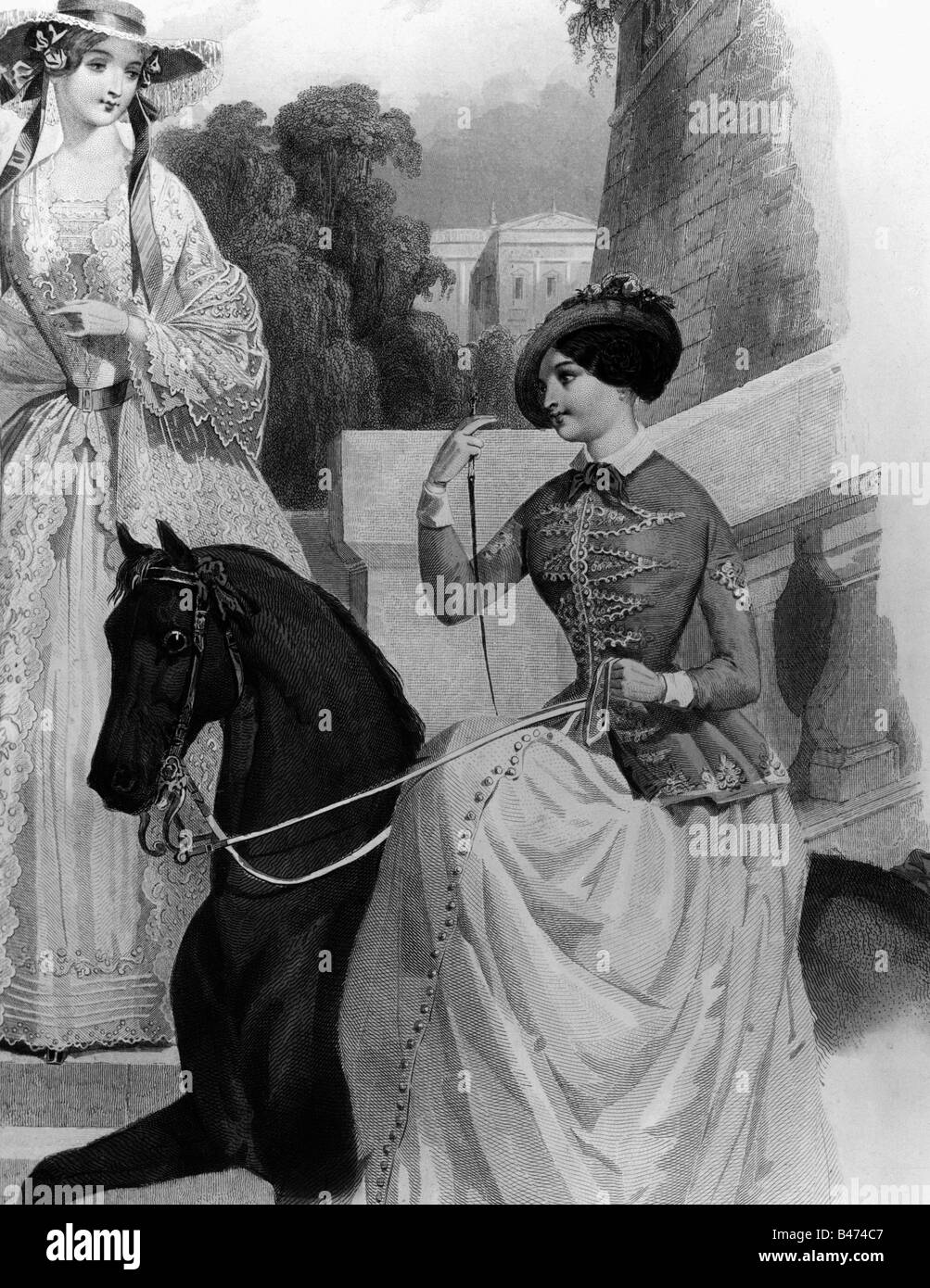 fashion, 19th century, ladies fashion, France, riding dress, wood engraving, 'Journal de Grande Monde', circa 1845, , Stock Photo