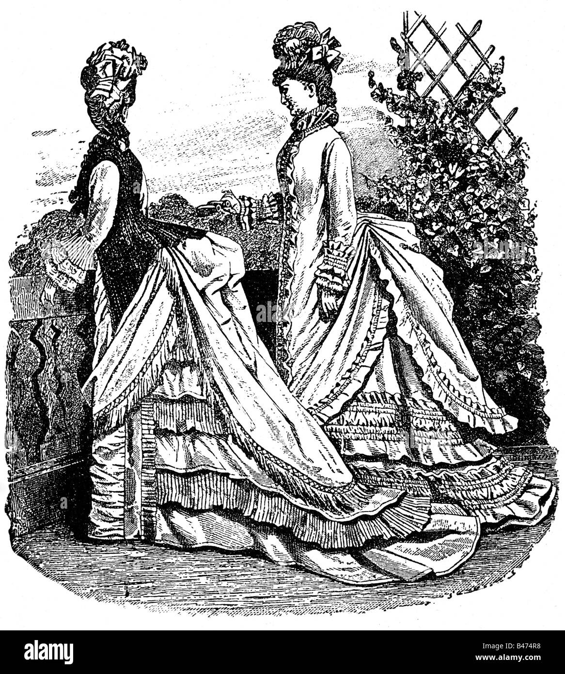 fashion, 19th century, ladies fashion, Germany, street dresses with bsutle, 1874, wood engraving, circa 1900,  clothing, dress, people, women, historic, historical, 1900s, Stock Photo