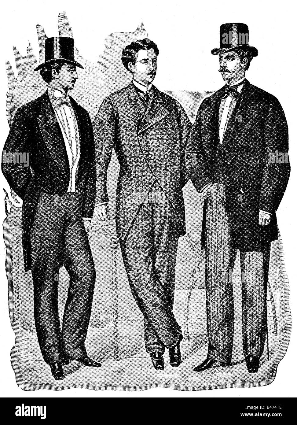 fashion, 19th century, mens fashion, Germany, 1874, wood engraving, circa 1900, frock coat, stovepipe hat, clothing, people, men, historic, historical, 1900s, Stock Photo