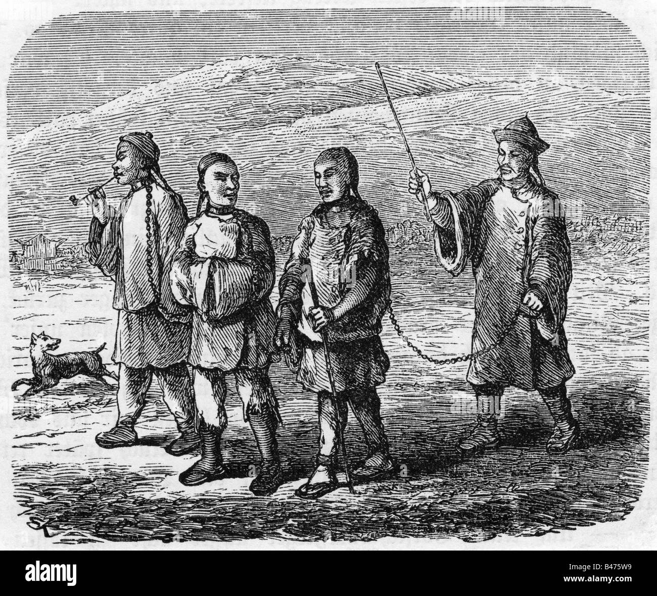 geography / travel, China, people, prisoners on a country road, marched off by a policeman armed with a stick, wood engraving, second half of the 19th century, chained, smoking pipe, dog, guard, xylography, captives, historic, historical, Stock Photo