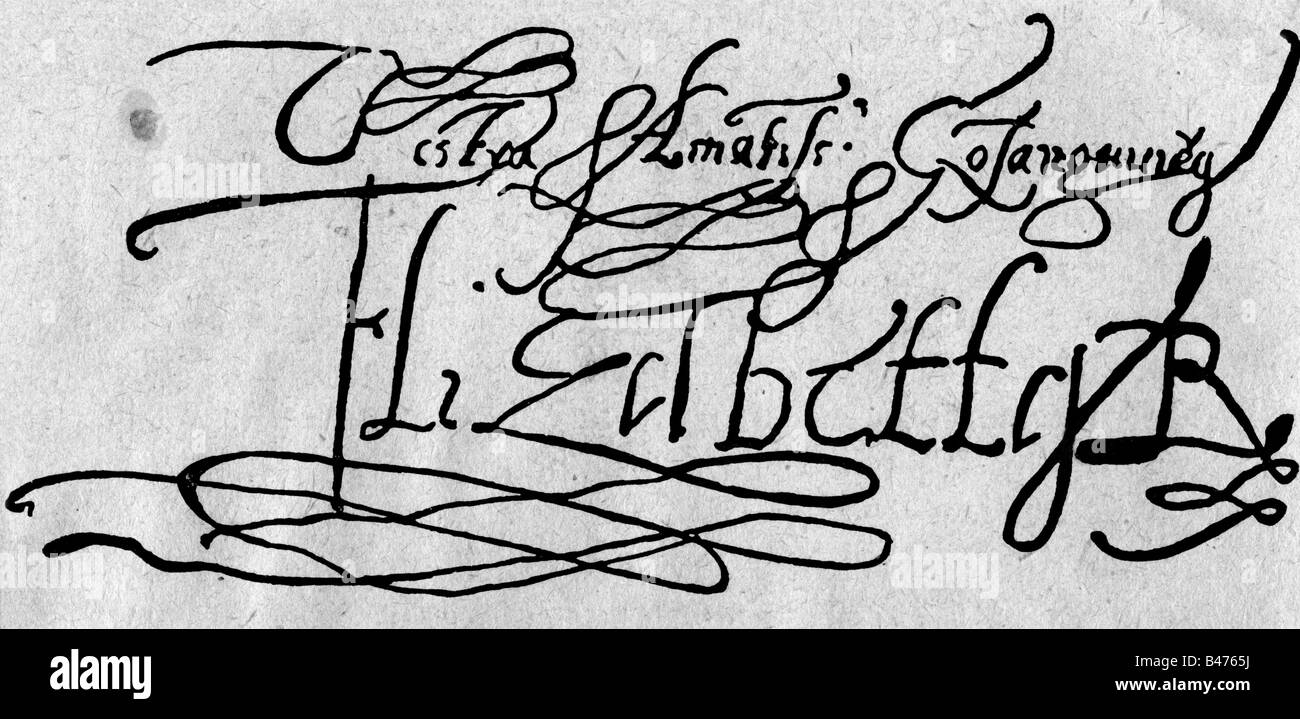 Elizabeth I, 7.9.1533 - 24.3.1603, Queen of England 17.11.1558 - 24.3.1603, signature, Stock Photo