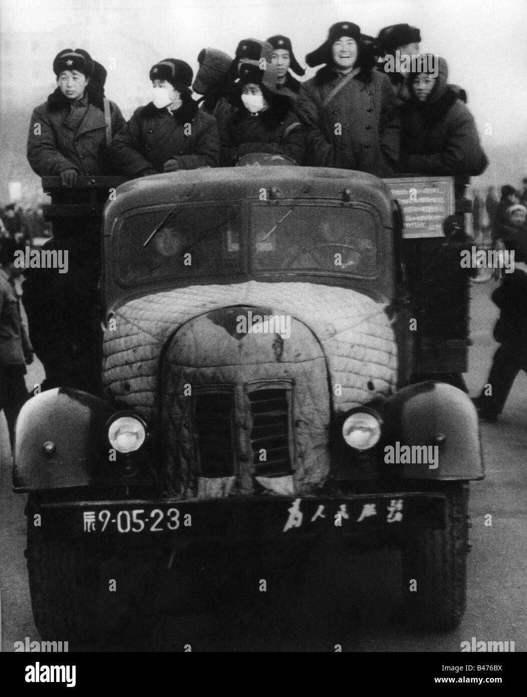 geography / travel, China, politics, communist 'Red Guards' on a lorry in a street in Beijing, early 1967, Stock Photo