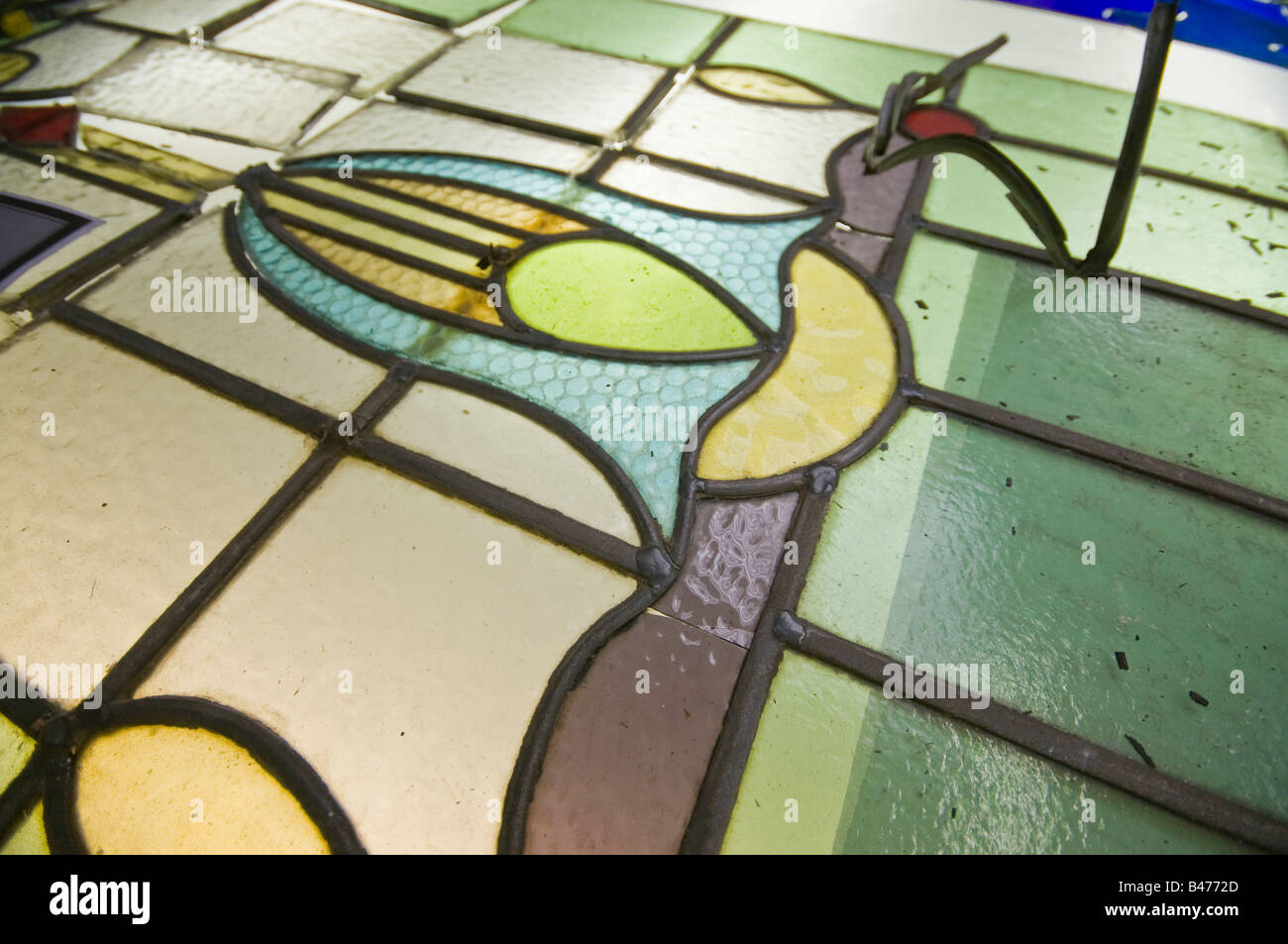 Restoring an old stained glass church window Stock Photo Alamy