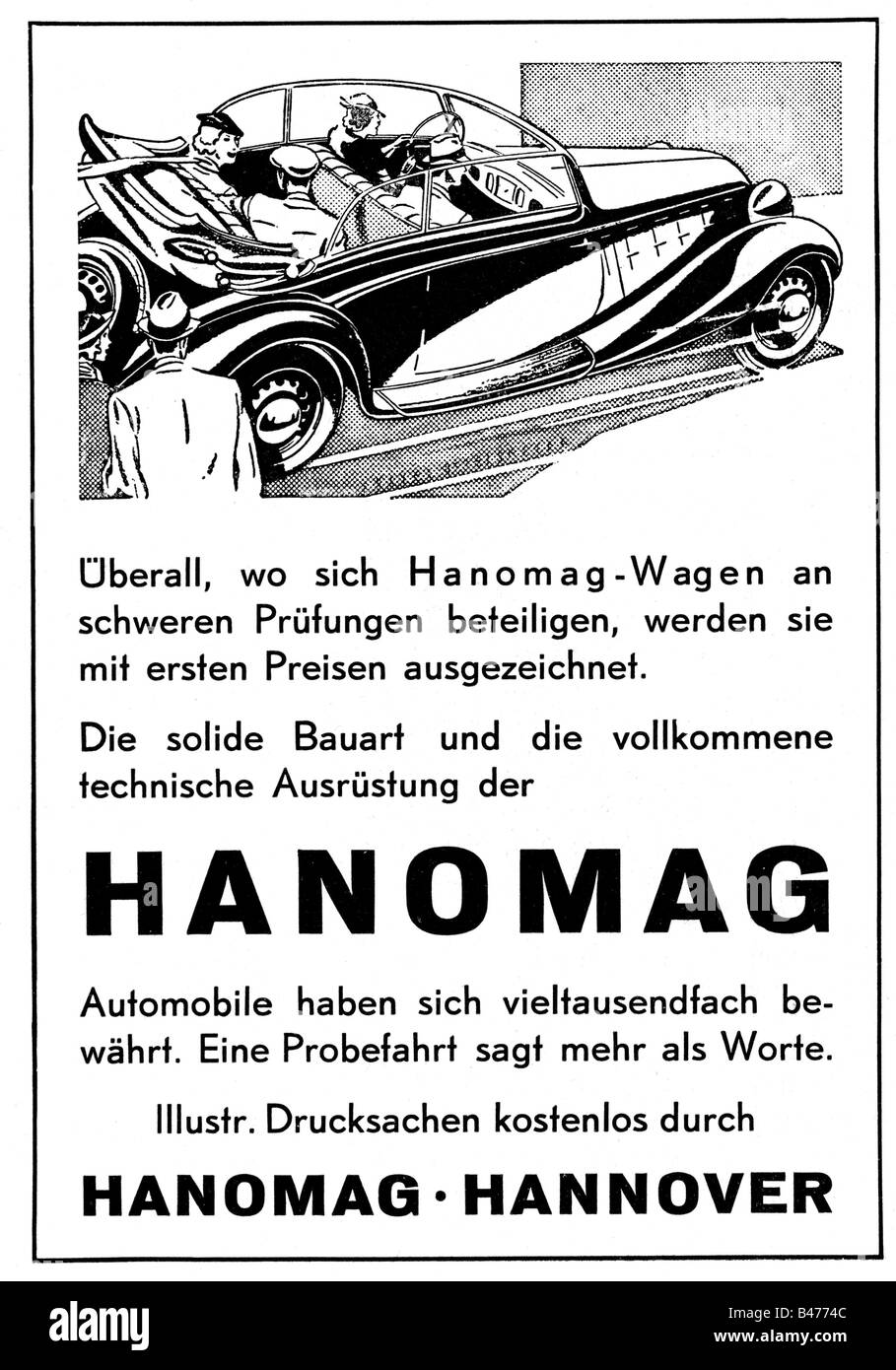 advertising, cars, advert, 'Atlantis', Hanomag, Hanover, May 1936, Stock Photo