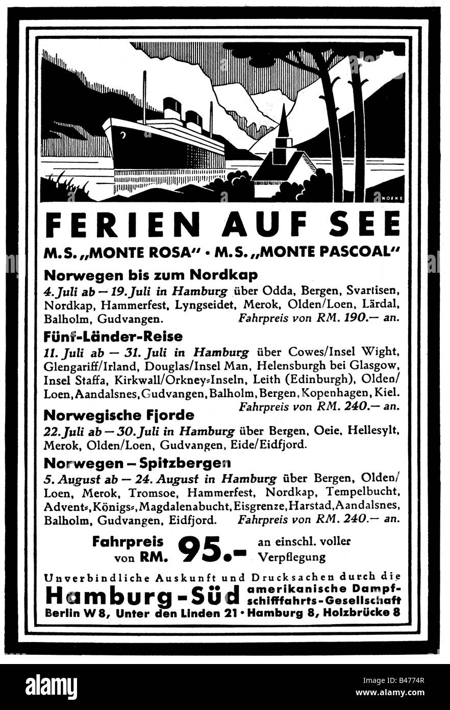 advertising, tourism, travels, 'Hollidays on Sea' ('Ferien auf See'), Hamburg South American Steam Ship Company, advert, 'Atlantis', May 1936, , Stock Photo