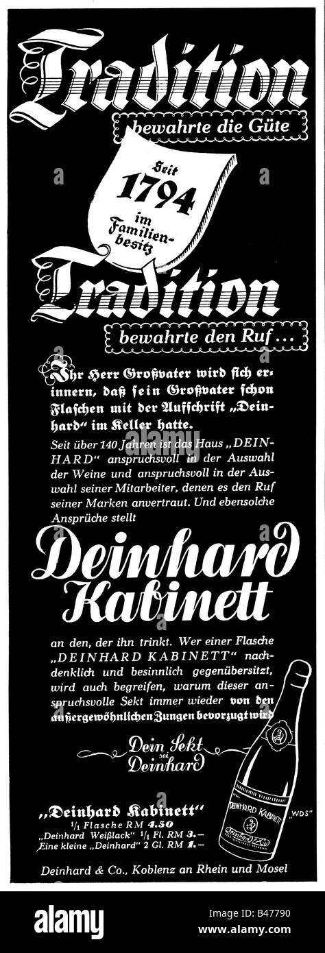 advertising, beverages, sparkling wine, 'Deinhard Kabinett', Deinhard und Co., Koblenz, advert, 'Atlantis', August 1937, , Stock Photo