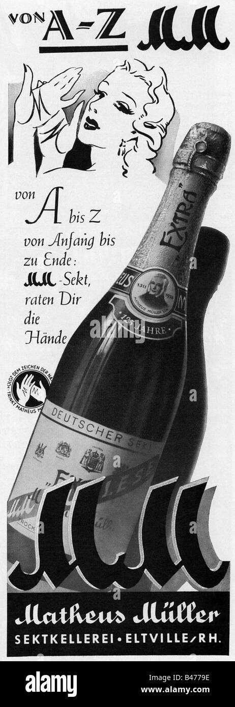advertising, beverages, sparkling wine, 'MM', Matheus Mueller, Eltville advert, 'Atlantis', September 1937, , Stock Photo