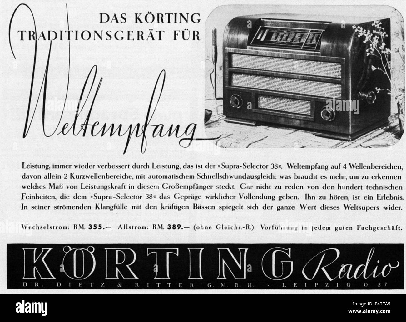 advertising, broadcast, Koerting 'Supra Selector 38' radio, advert, 'Atlantis', October 1937, , Stock Photo
