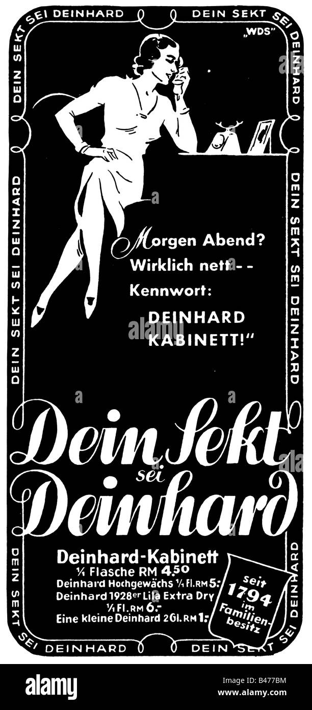 advertising, beverages, sparkling wine, 'Deinhard Kabinett', advert, 'Atlantis', December 1937, , Stock Photo