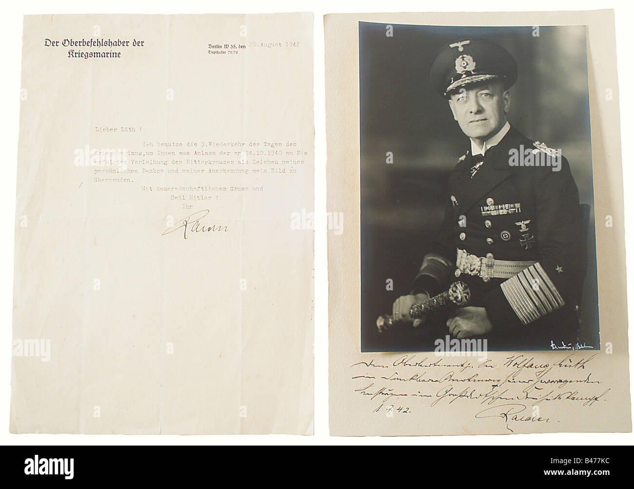 Wolfgang Lüth - Grand Admiral Erich Raeder., A presentation photograph of the supreme naval commander in uniform with the grand Admiral's baton, and the photographer's signature in the lower right corner 'Sandau, Berlin'. On mount with autograph signed dedication 'Dem Oberleutnant z. See Wolfgang Lüth in dankbarer Anerkennung seiner hervorragenden Leistungen im Großdeutschen Freiheitskampf 1.9.42 Raeder'. (To Lt. jg Wolfgang Lüth in grateful recognition of his outstanding activity in the fighting for Greater German independence 1 September 42 Raeder). Photo and, Stock Photo