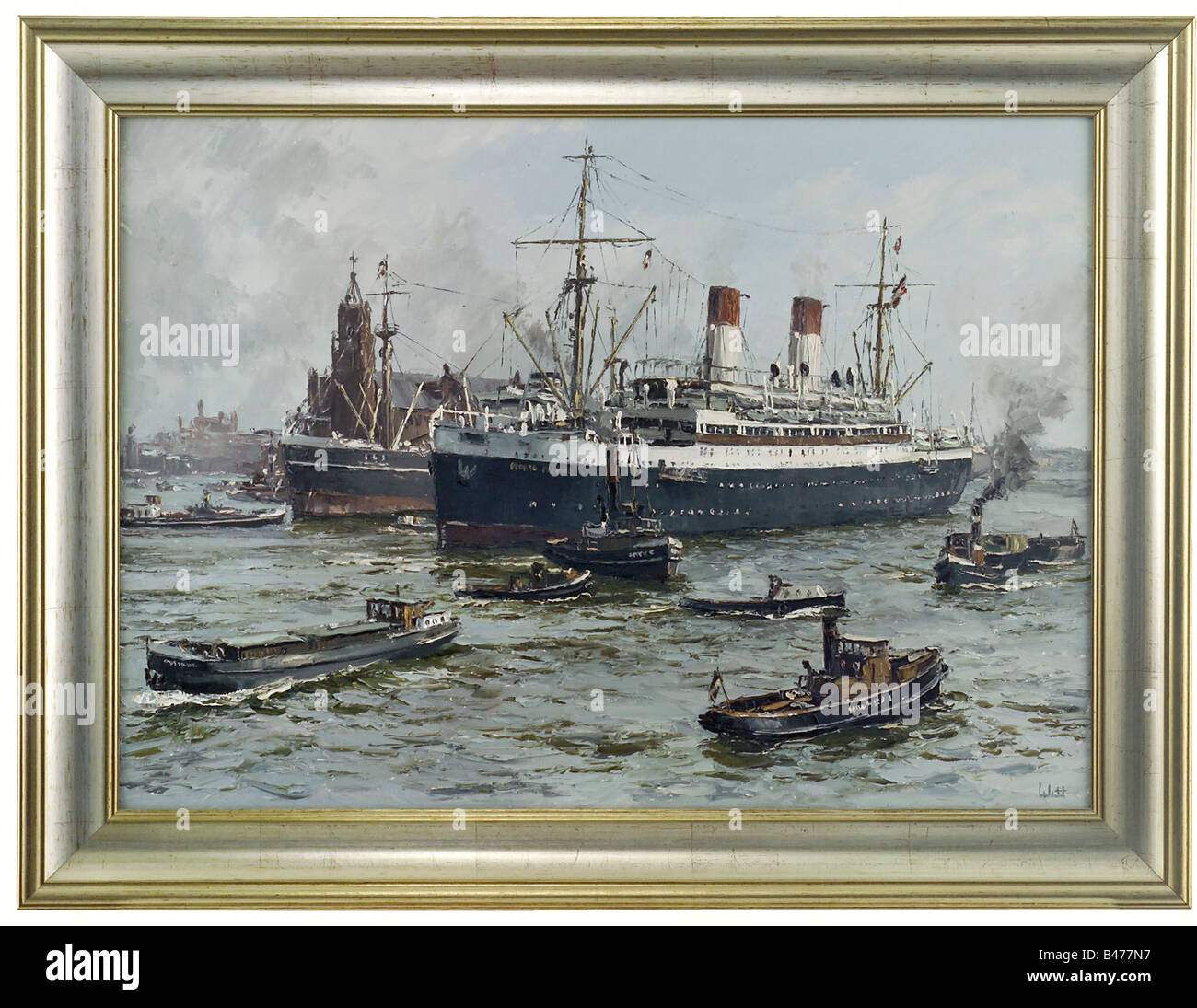 The Monte Pascoal in Hamburg harbour., Oil on canvas. The Monte Pascoal is in the center of the painting surrounded by tugs and lighters. In the left back of it is the bow of anoter ship with a Hamburg harbour scene in the background. Gilded molded frame. Framed dimensions: 82 x 62 cm. Carefully detailed picture of the next to last ship built by Blohm & Voss in the Monte class. It was placed in service in January 1931. fine arts, 1930s, 20th century, navy, naval forces, object, objects, clipping, cut out, cut-out, cut-outs, painting, paintings, ship, , Artist's Copyright has not to be cleared Stock Photo
