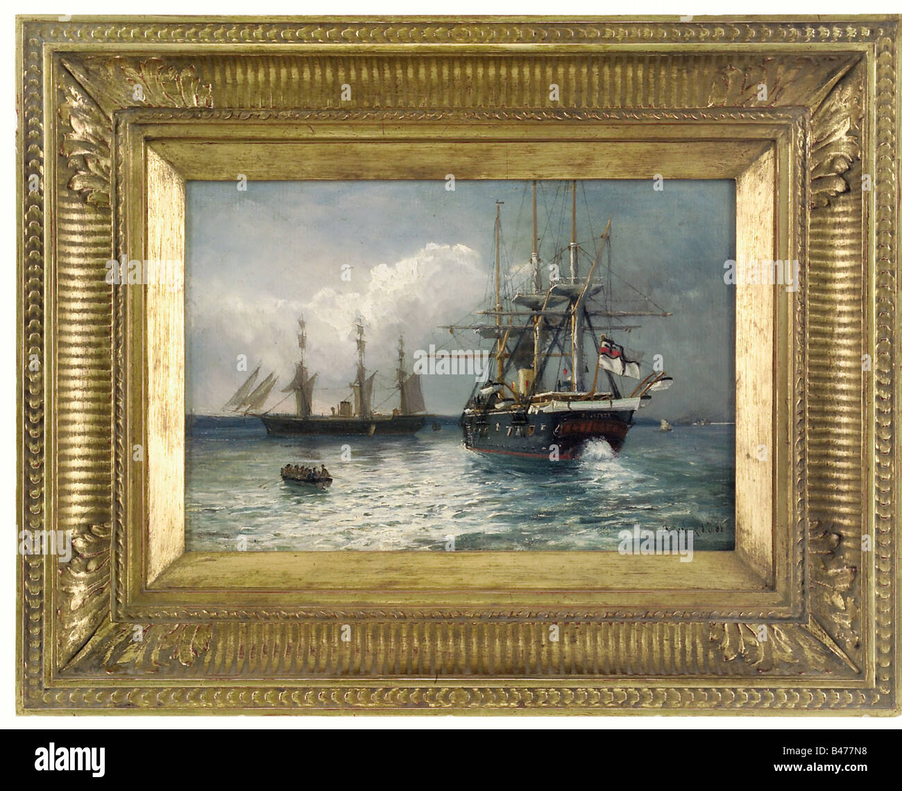 Richard Eschke (1859-1944), SMS Blücher in the Kiel Estuary. Oil on canvas. The Blücher is in the right foreground, heading for another ship with its stern toward the observer. There is a manned rowboat in the left foreground, and the coastline of the Kiel Estuary in the background. Gilded plaster frame. Framed dimensions: 46 x 37 cm. Eschke studied at the Berlin Academy, in Paris, and in England and studied with his father, who was also a naval painter. The Kaiser Panorama in Berlin, which he worked on with his father, is considered to be one of his , Artist's Copyright has not to be cleared Stock Photo
