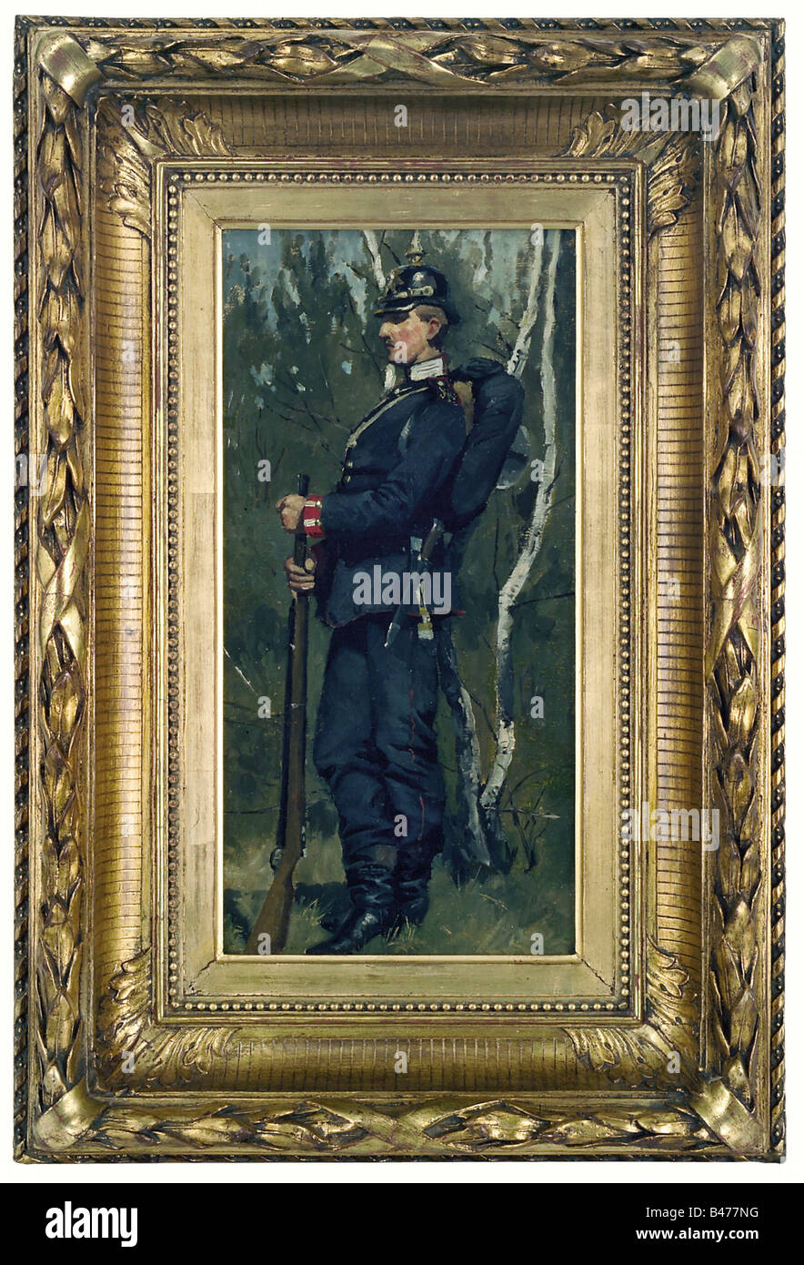 Max Hünten (1869 - 1936) - Saxon Grenadier., Oil on canvas. A grenadier with marching kit and rifle in a birch grove. Unsigned. 42 x 20.5 cm. In a heavy gilt frame, 62 x 42 cm. Max Hünten, son of the famous battle painter Emil Hünten (1827-1902), attended from 1888 alternately the Düsseldorf Academy and the Julian Academy in Paris and is known for his historical, genre, military and hunting scenes. He exhibited at the Düsseldorf Exhibition, the Greater Berlin Art Exhibition, and the Munich Glass Palace. fine arts, people, 19th century, Saxony, Sa, Additional-Rights-Clearance-Info-Not-Available Stock Photo