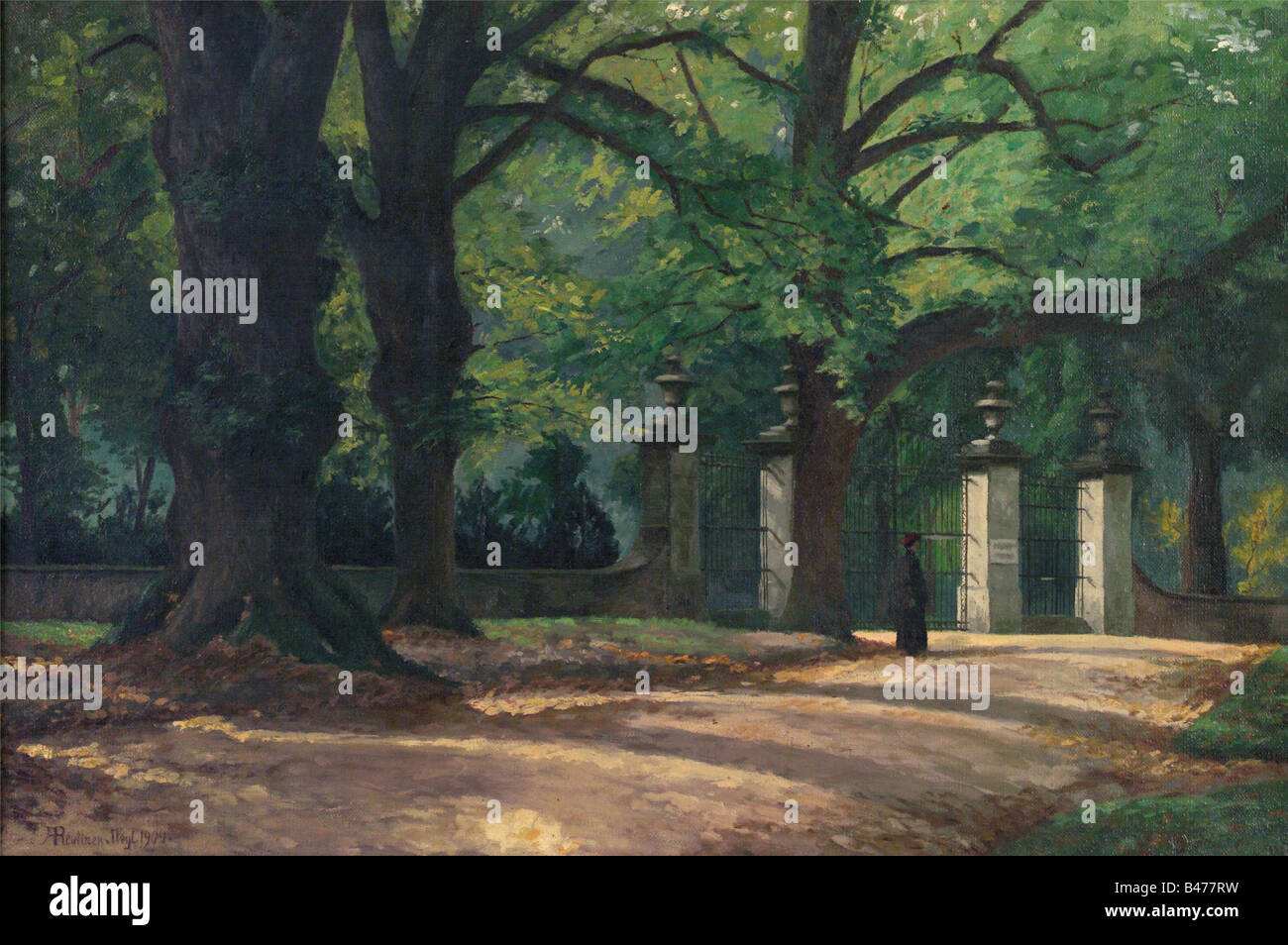 The main entrance at Weyl Castle, Achstetten near Laubheim, dated 1904. Oil on canvas, depicting a three-winged portal construction with a female figure between tall trees. Beautiful light and shadow effects. Signed 'A. Reuttner v. Weyl, 1904' at the lower left. Framed. 66 X 95 cm. fine arts, people, 1900s, 20th century, fine arts, art, painting, paintings, Additional-Rights-Clearance-Info-Not-Available Stock Photo