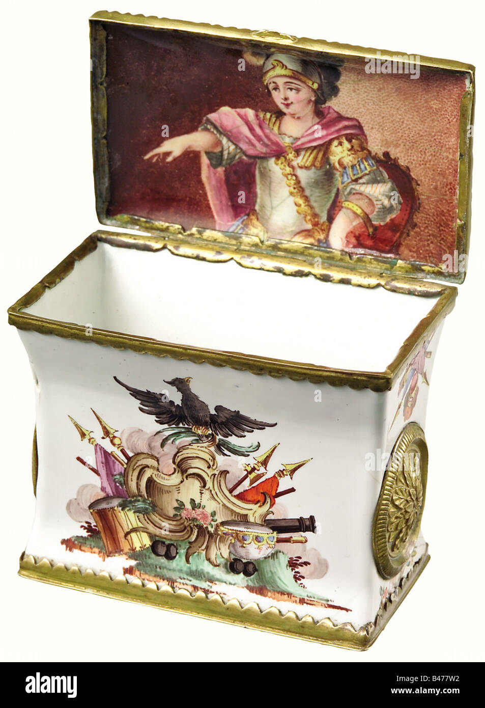 An enamelled table tobacco box, Prussia, middle of the 18th century. Enamelled and hand-painted copper sheet with formerly gold-plated brass edging and bottom. The arched lid and front and back sides (inverted) are decorated with banners, drums, a cannon barrel and cannon balls as well as rocaille beneath a seated Prussian eagle. The narrow sides with floral brass disks and painted trophy ornamentation. In the lid is a picture of the war god Mars in armour. The other surfaces are in white enamel. The lid is abraded with hair-line cracks and small rest, Artist's Copyright has not to be cleared Stock Photo