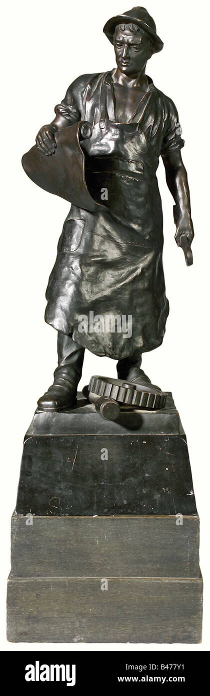 Metal Worker, a bronze sculpture, German, 1920s. Detailed representation of a worker studying a plan, at his feet various machine parts. Signature on square plinth 'Schmidt-Felling'. Square pedestal from serpentine and wood. Height 101 cm, weight approx. 40 kg. Julius Schmidt-Felling (1855 - 1930) worked in Berlin. fine arts, people, 20th century, fine arts, art, statuette, figurine, figurines, statuettes, sculpture, sculptures, object, objects, stills, clipping, clippings, cut out, cut-out, cut-outs, man, men, male, Additional-Rights-Clearance-Info-Not-Available Stock Photo