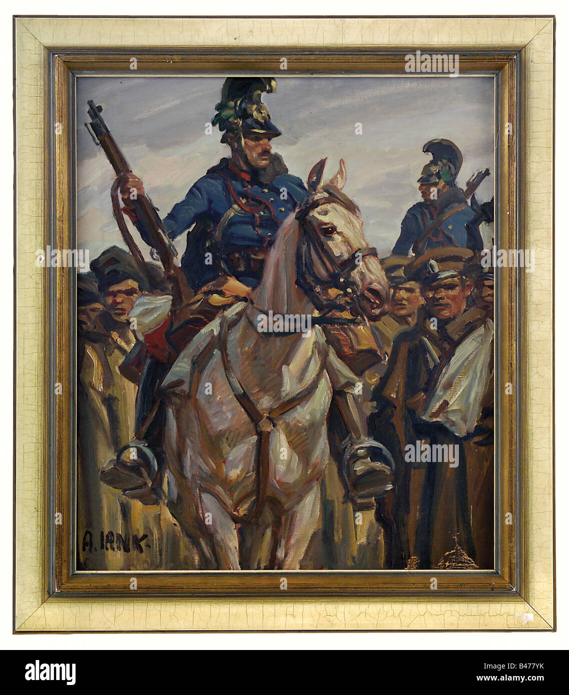 Angelo Jank (1868 - 1940), Austrian dragoons with Russian prisoners, circa 1915. Oil on canvas. Two dragoons on horseback guarding prisoners of war. Signed bottom left 'A. Jank'. Bottom right some small flaws. Modern frame. Dimensions of picture 40 x 47 cm. Dimensions with frame 51 x 58 cm. fine arts, people, 1910s, 20th century, First World War / WWI, world war, world wars, military, militaria, clipping, cut out, cut-out, cut-outs, object, objects, stills, painting, paintings, fine arts, art, illustration, man, men, male, Artist's Copyright has not to be cleared Stock Photo