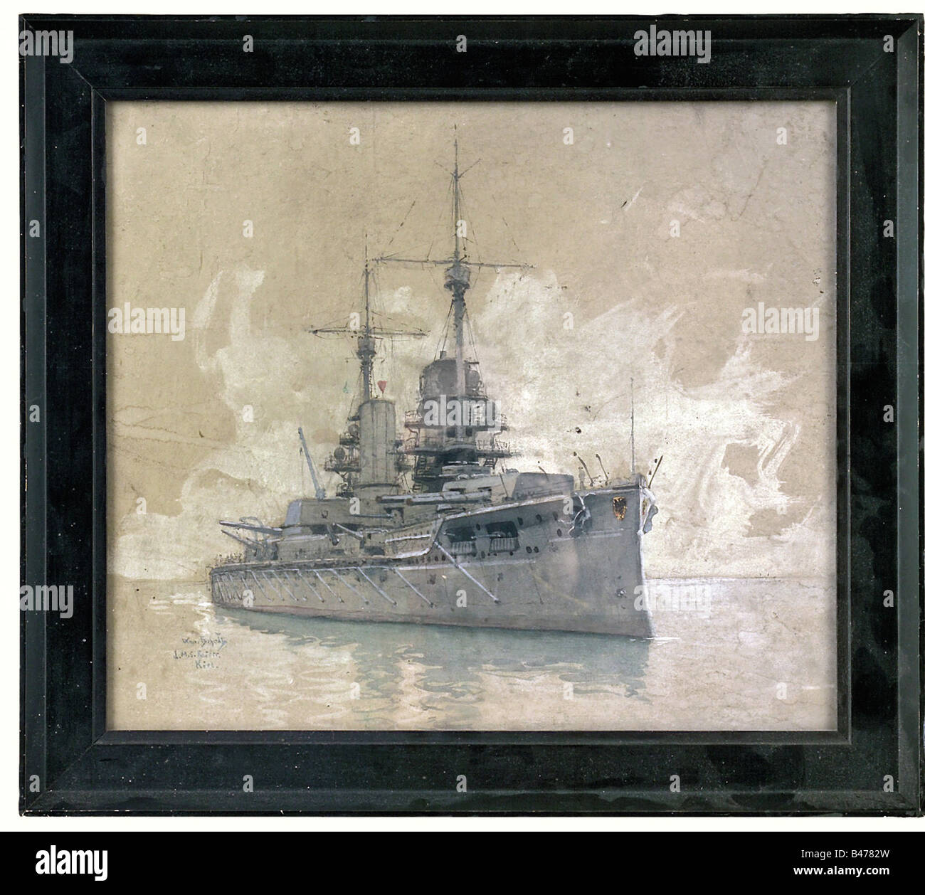 Hans Bohrdt (1857 - 1945), 'S.M.S. Kaiser - Kiel'. Gouache on cardboard. Signed and entitled at the lower left 'Hans Bohrdt - S.M.S. Kaiser - Kiel'. Skilful depiction of the warship at sea. Glazed and in black lacquered wooden frame. On the reverse side stamp of 'Keltz & Meiners Hoflieferanten Berlin' (Keltz & Meiners Court Suppliers Berlin). 48 x 54 cm. Launched in 1911, the SMS Kaiser was one of the 10 warships that were scuttled by order of Rear Admiral von Reutner in Scapa Flow in 1919. fine arts, people, 1910s, 20th century, navy, naval forces, m, Artist's Copyright has not to be cleared Stock Photo