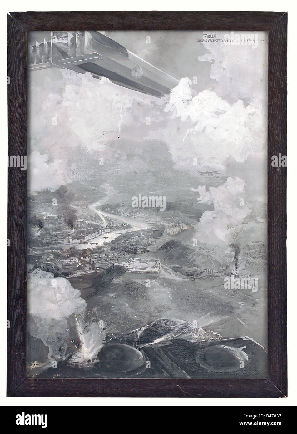 Felix Schwormstädt (1870 - 1938), LZ 21 Z.VI at the attack on Liège on 6 August 1914. Grisaille painting with white highlights. Signed and dated, 'Felix Schwormstädt 12 Aug. 14' on the upper right. The airship is at a high altitude between the clouds during the bombing of Liège. A biplane is attacking from the front. In the foreground, there are bomb explosions and clouds of smoke on the ground, with Liège in the background. Framed and under glass: 58.5 x 42 cm. This picture was published as a postcard by the Leipzig Illustrierten Zeitung (Illust, Additional-Rights-Clearance-Info-Not-Available Stock Photo