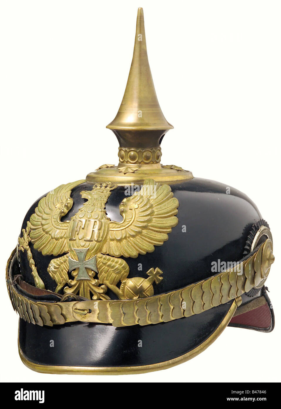 A model 91 helmet for reserve officers, of the line infantry. Black lacquered fiber bowl with gilded trims. Plate with the silver reserve cross. Flat metal chinscales on rosettes, and both cockades. Beige ribbed silk lining and brown sweatband with marks of wear. Size 55. Complete with a field grey cover and in the protective case (straps torn). There is also the full dress sash of silver weaving interwoven with black (darkened). historic, historical, 19th century, Prussian, Prussia, German, Germany, militaria, military, object, objects, stills, clipping, clipp, Stock Photo