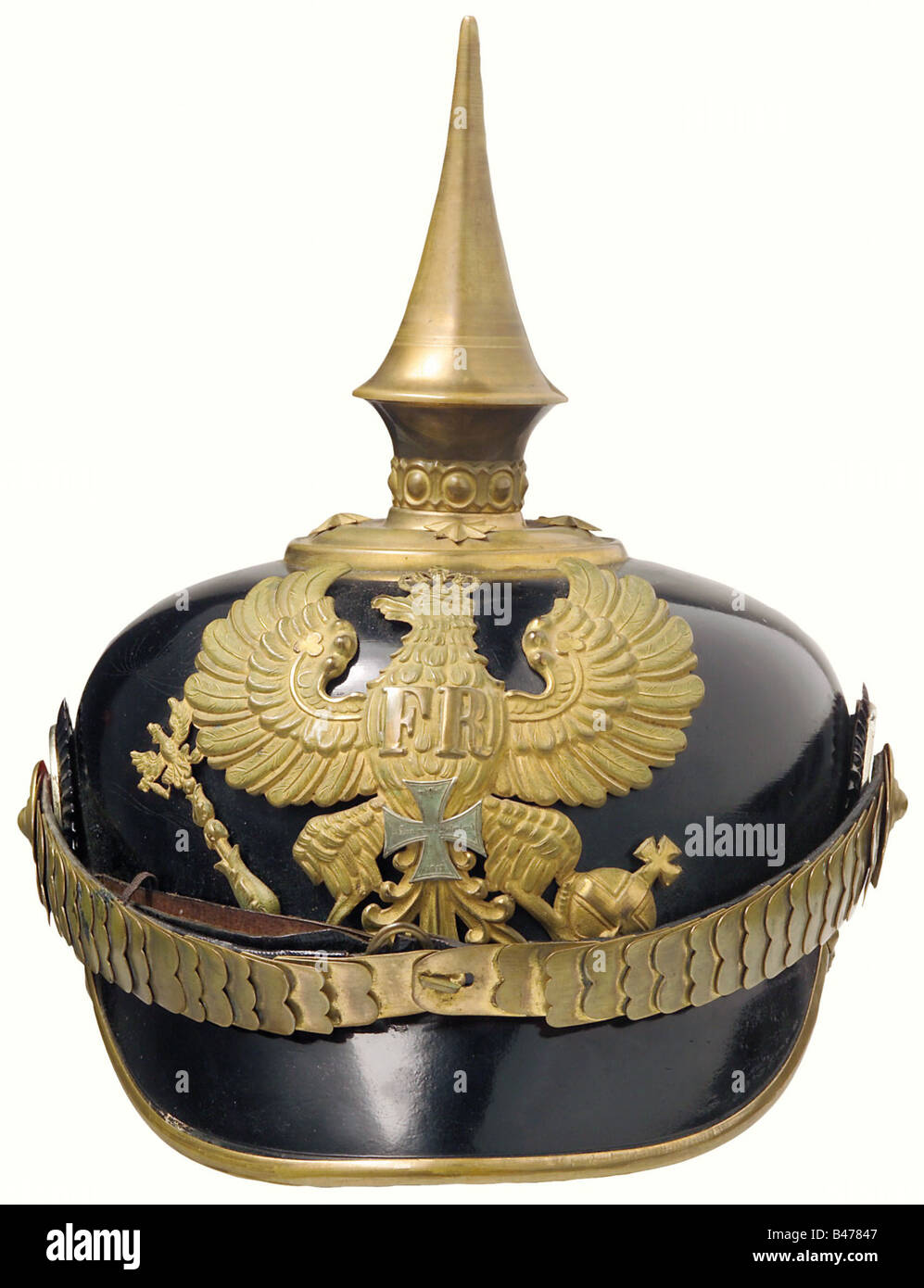 A model 91 helmet for reserve officers, of the line infantry. Black lacquered fiber bowl with gilded trims. Plate with the silver reserve cross. Flat metal chinscales on rosettes, and both cockades. Beige ribbed silk lining and brown sweatband with marks of wear. Size 55. Complete with a field grey cover and in the protective case (straps torn). There is also the full dress sash of silver weaving interwoven with black (darkened). historic, historical, 19th century, Prussian, Prussia, German, Germany, militaria, military, object, objects, stills, clipping, clipp, Stock Photo