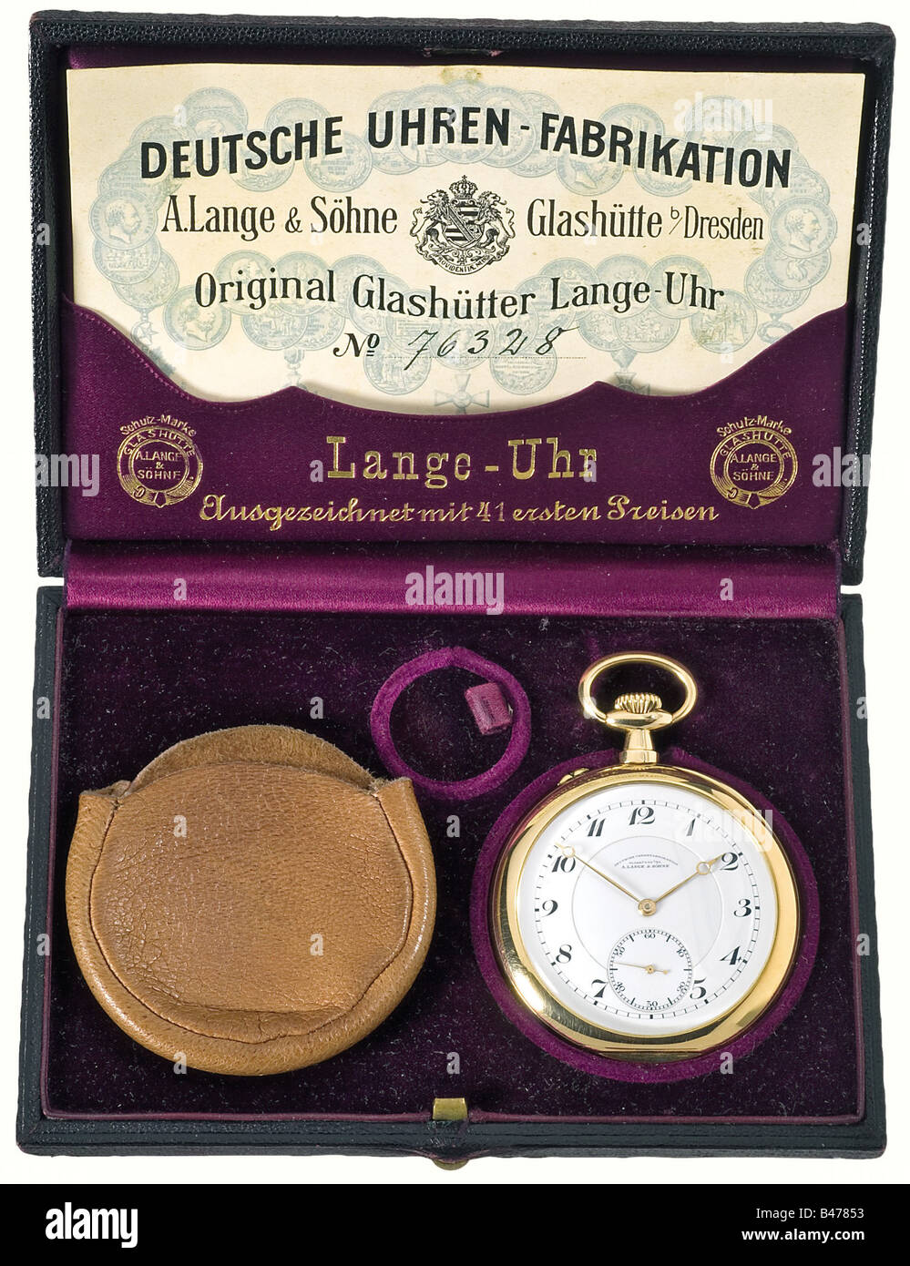 A gold savonette, 'Deutsche Uhrenfabrikation A. Lange & Söhne, Glashütte in Sachsen' (German Watch Manufacture A. Lange & Söhne, Glashütte in Saxony) circa 1914. 14 carat. Smooth case, white enameled dial, and precision movement no. 76328. Housing and dial inscribed as above. There is a gooseneck fine adjustment, and gold escapement lever and gold escapement wheel. Diameter 53 mm. In a gold stamped, leather case with replacement glass and spring. There is also a golden watch chain with a snap catch, ring, uncut seal and cameo. historic, historical, 1910s, 20th , Stock Photo