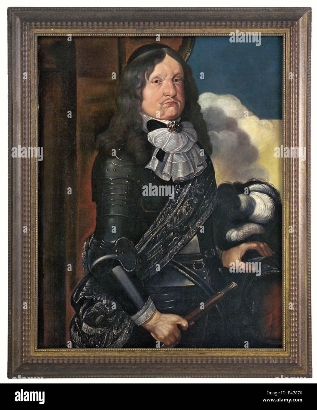 A portrait of a field marshal, Flemish, mid 17th century. Oil on canvas. Halfportrait of a baroque fieldmarshal in blackened Pappenheimer-armour. His gaze turned towards the beholder, his left hand resting on his helmet, a marshal's baton in his right. Silken scarf fastened by a brooch around the neck, a silver embroidered sash over his chest. Nested curtain in the background. Restored and relined on canvas. In wooden frame. Measurements of painting 80 x 63 cm, framed 94 x 77 cm. fine arts, people, 17th century, fine arts, art, painting, paintings, ob, Artist's Copyright has not to be cleared Stock Photo