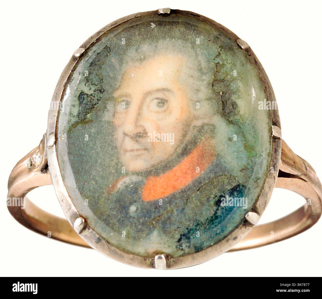 Frederick the Great - a golden presentation ring with a portrait of the king., Elegant red gold ring, the mountings holding a miniature portrait of the king (16 x 13 mm) under rock crystal. According to the testimony of the previous owner, the ring was a gift to a member of the Flotow family. As described at F. Heyde, 'Die Altpreußischen Orden, Ehrenzeichen...' edited by H. Bleckwenn, 1979. p. 86, Frederick II presented not only the diamond mounted miniature portraits and boxes, but also rings with his portrait in a plain style. A similar ring obtaine, Artist's Copyright has not to be cleared Stock Photo