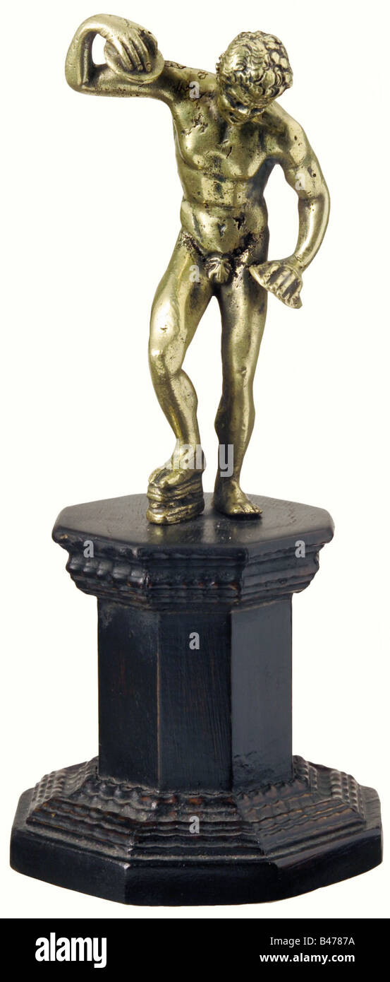 A bronze faun, in classical manner, 17th/18th century. Dancing faun with curly hair and two cymbals in his hands. On later, octagonal, wooden base. Height 20 cm. fine arts, people, 18th century, 17th century, fine arts, art, statuette, figurine, figurines, statuettes, sculpture, sculptures, object, objects, stills, clipping, clippings, cut out, cut-out, cut-outs, man, men, male, Artist's Copyright has not to be cleared Stock Photo