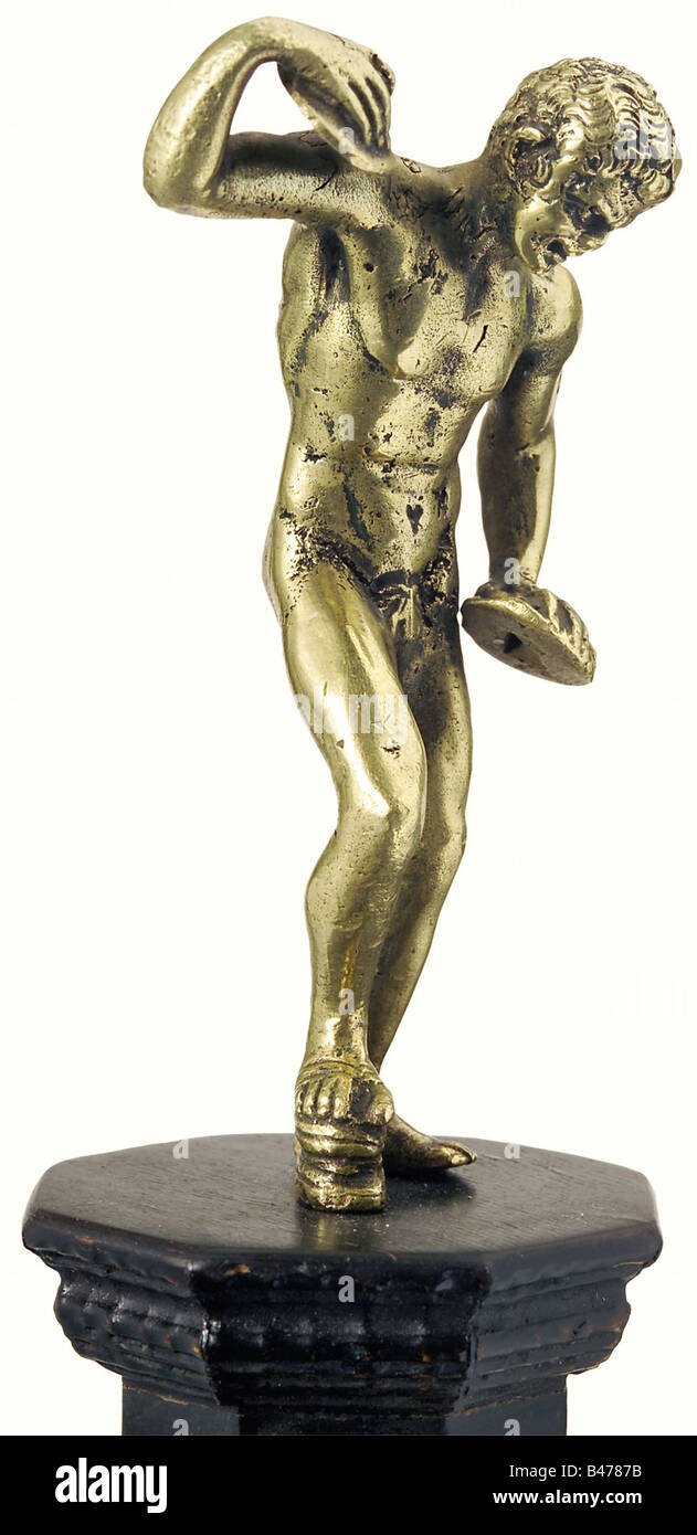 A bronze faun, in classical manner, 17th/18th century. Dancing faun with curly hair and two cymbals in his hands. On later, octagonal, wooden base. Height 20 cm. fine arts, people, 18th century, 17th century, fine arts, art, statuette, figurine, figurines, statuettes, sculpture, sculptures, object, objects, stills, clipping, clippings, cut out, cut-out, cut-outs, man, men, male, Artist's Copyright has not to be cleared Stock Photo