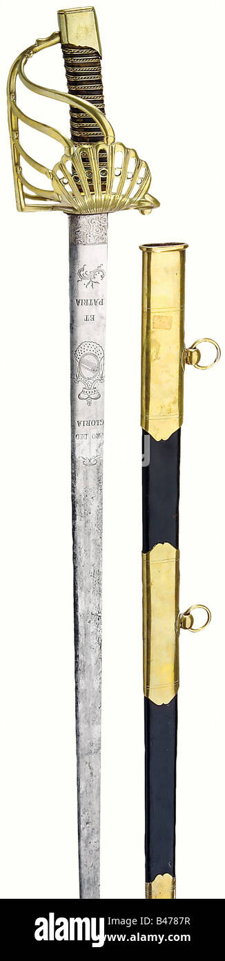 Baden: A broadsword for dragoon officers, based on a French pre-1811 pattern. A double edged blade, with a decoration of trophies and scrollwork at the forte showing traces of gilding. An inscription on each side reading 'PRO DEO GLORIA ET PATRIA', accompanied by a crowned cypher 'CF' (Grand Duke Karl Friedrich, 1738 - 1811) and a coat of arms of Baden respectively. The gilt brass hilt has an openwork knuckle shield, four tierce guards and a leather-covered grip with brass wire binding. A black leather scabbard with three mountings in gilt brass and an iron cha, Stock Photo