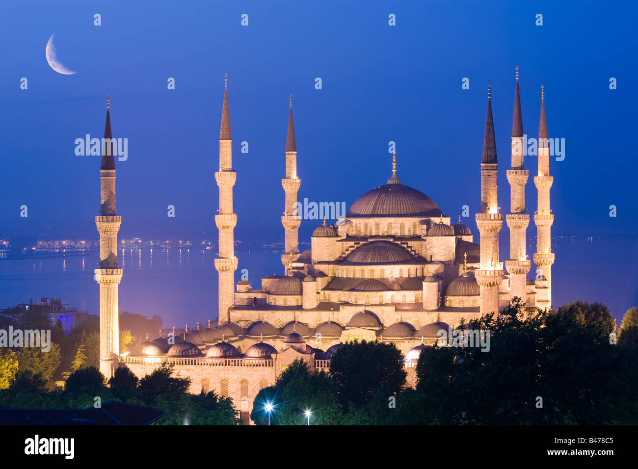 Crescent moon over Sultan Ahmed Mosque Blue Mosque Turkey Istanbul Stock Photo