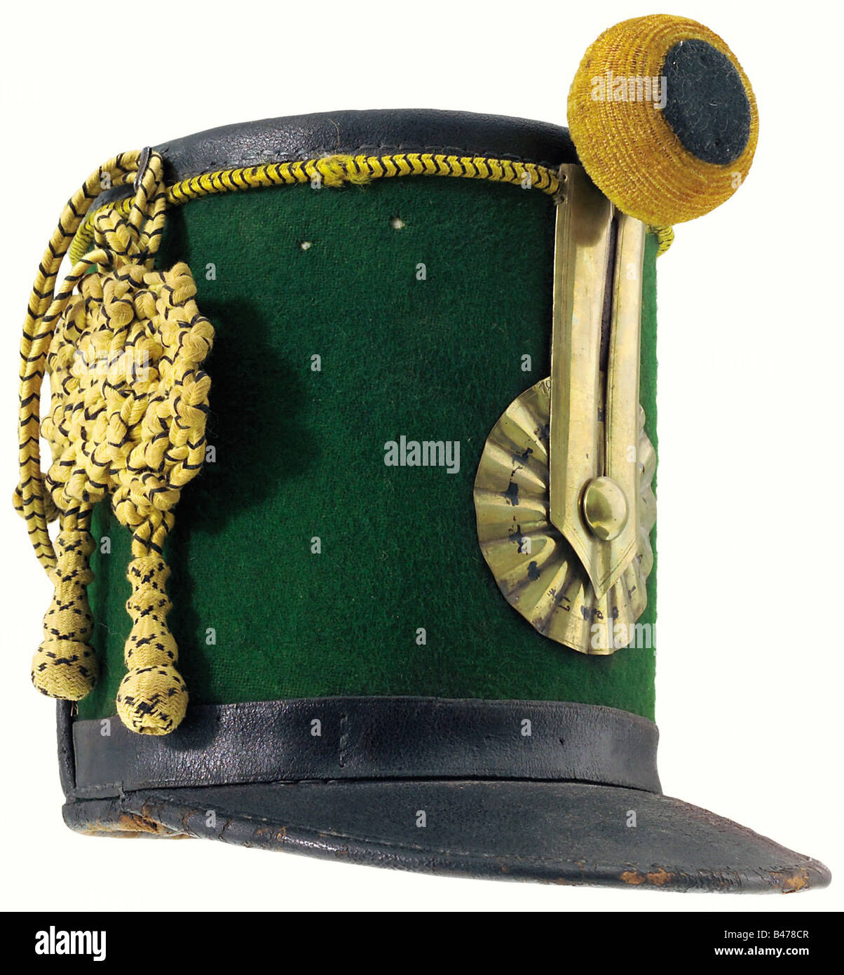 Austria: A shako of 1816 pattern for troopers, of the 10th(?) Hussar s Regiment. Cardboard body covered with green cloth, leather top, band and visor. The peak brim fixed to the body. Black interwoven yellow square lace and Vitez Kötez. Sweat leather, barracan lining, leather strap. Yellow/black field insignia, brass cockade and agraffe (marked '18'). Height of the body 21 cm. Fresh colours, three small moth holes. A rare shako in good condition. historic, historical, 19th century, uniform, uniforms, clothing, clothes, outfit, outfits, wear, object, objects, st, Stock Photo