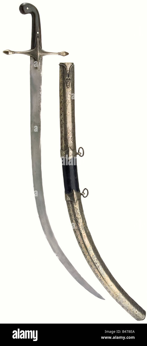A silver mounted shamshir, Ottoman, circa 1800. Curved, single edged ...