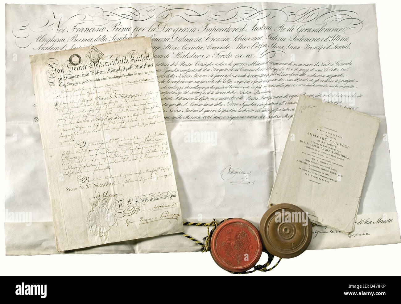 Admiral Hamilcar Paulucci., A large group of documents of the military career of the Commander of the Austrian Navy (1824 - 1844). A selection of the included documents: Appointment as Generalmajor (Brigadier)18.July 1814, grand certificate with the wafer seal and signature of Franz I. Certificate for the award of the Knight's Cross of the Order of the Iron Crown 17 July 1817. Grand Certificate appointing him Commander of the Mediterranean Fleet on 12 February 1821, parchment with Bellegarde's signature and imperial seal in a wooden capsule. Grand Certificate a, Stock Photo