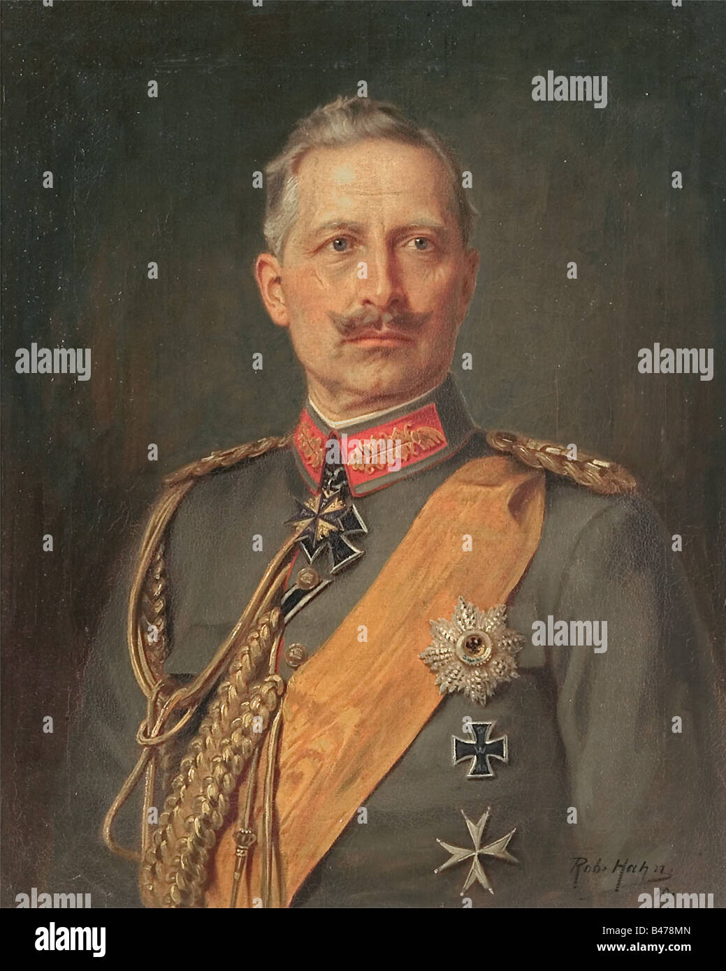 Emperor Wilhelm II, a halfportrait, oil relined on hardboard. Signed, 'Rob. Hahn 19' at the lower right. The emperor is in a field grey general's uniform with decorations. Surface craquelure. In a smooth, gilded, molded frame, with repairs in places. Picture dimensions 65 x 81 cm. Framed dimensions 76 x 92 cm. Robert Hahn (1883 - 1940) was trained in Dresden, where he then worked as an illustrator, and landscape and portrait painter after 1913. See Thieme-Becker, vol. XV, p. 480. fine arts, people, 1910s, 20th century, Prussian, Prussia, German, Germa, Artist's Copyright has not to be cleared Stock Photo