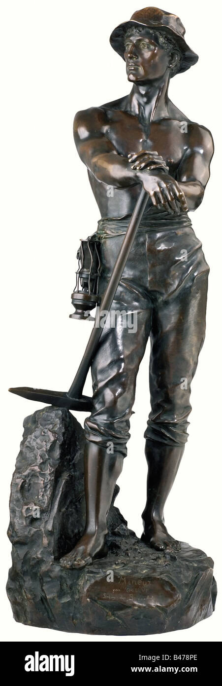 Charles Octave Levy (1820 - 1899) - 'Mineur'., Large bronze sculpture showing brown patina. Young athletic miner stripped to the waist and carrying a miner's lamp on the belt. The hands are resting on a pick. The plinth signed with 'Ch. Levy', the front reading 'Mineur par Ch. Levy - Salon des Beaux-Arts' and the back with French bronze guarantee stamp and the number '1272'. Height 100 cm. Charles Octave Levy was a Parisian sculptor and pupil of Toussaint. He exhibited his portraits and genre scuptures in the Parisian Salon since 1873. fine arts, peop, Artist's Copyright has not to be cleared Stock Photo
