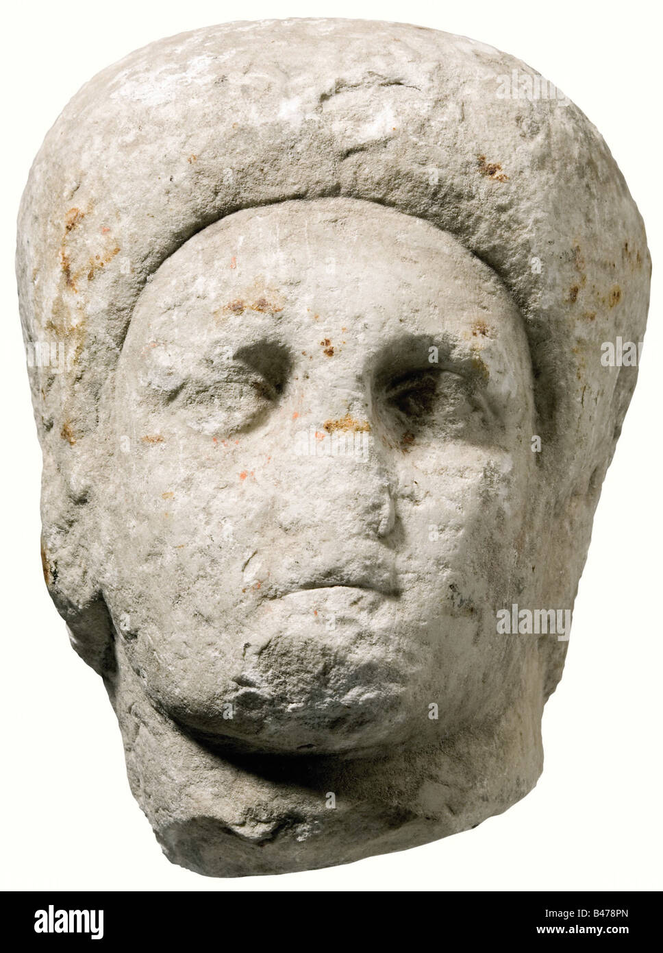 A Roman marble head, 3rd century A.D. Head of a man, made of white marble and slightly turned to the side. Hair in small curly locks, ears are indicated. Nose and chin with strong abrasions. Height 23.5 cm. historic, historical, ancient world, ancient world, ancient times, object, objects, stills, clipping, cut out, cut-out, cut-outs, sculpture, sculptures, statuette, figurine, figurines, statuettes, fine arts, art, Stock Photo