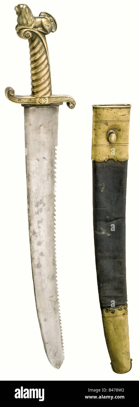 A ceremonial fascine knife for engineer officers, end of the 18th century. Broad blade with fullers on both sides and a saw-edged back. S -shaped brass quillons, grooved grip. The pommel bears a recumbent lion in relief. Black leather scabbard with brass furniture. Length 79 cm. historic, historical, 18th century, object, objects, stills, clipping, clippings, cut out, cut-out, cut-outs, thrusting, thrustings, hand weapon, hand weapons, melee weapon, melee weapons, handheld, blade, blades, weapon, arms, weapons, arms, Stock Photo