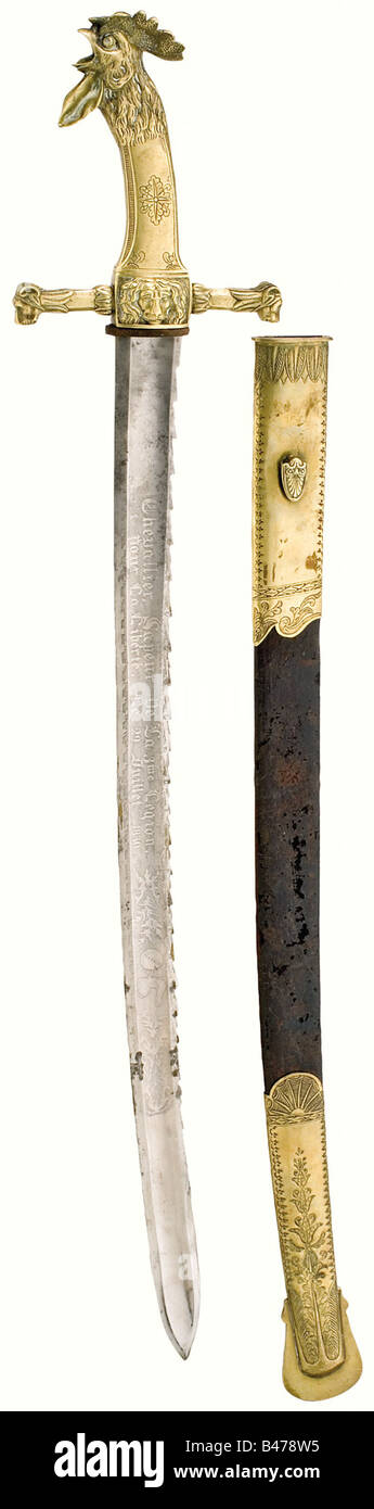 An honourary sabre for a sapper., Slightly curved blade with fullers on both sides and a saw back. The blade is etched with the dedication, 'Chevallier, Sapeur De La 3me Légion, Mort Pour La Liberté. Le 29 Juillet 1830. - Déntiene, Sergant, Sapeur De La 3me Légion.' (Knight, Sapper of the 3rd Legion, Died for Freedom. 29 July 1830. - Déntiene, Sergeant, Sapper of the 3rd Legion ). Surrounded by leafy vines, trophy bundles, and the Gallic rooster. Lavishly sculpted brass hilt, the quillon finials are shaped like lion's heads. Engraved grip cover, Rooster head po, Stock Photo
