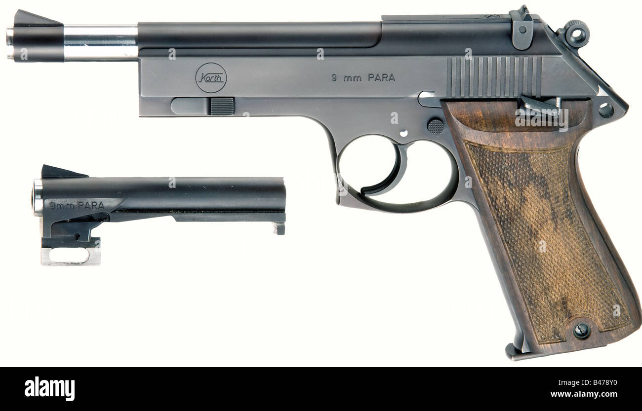A Korth pistol 6-series with interchangeable barrel, calibre 9 mm Parabellum, no. P094. Bright bore, barrel length 153 mm, spare barrel 103 mm long with matching numbers. 10 shot. Complete, matt finish with both barrels polished white around the muzzle. Dark brown walnut grip panels. Comes in the matching numbered original black cardboard box marked 'Die stahlgewordene Präzision' (Steel-made Precision). Condition as new. Rare collector's item. Erwerbsscheinpflichtig. historic, historical, 20th century, civil handgun, civil handguns, handheld, gun, guns, firearm, Stock Photo