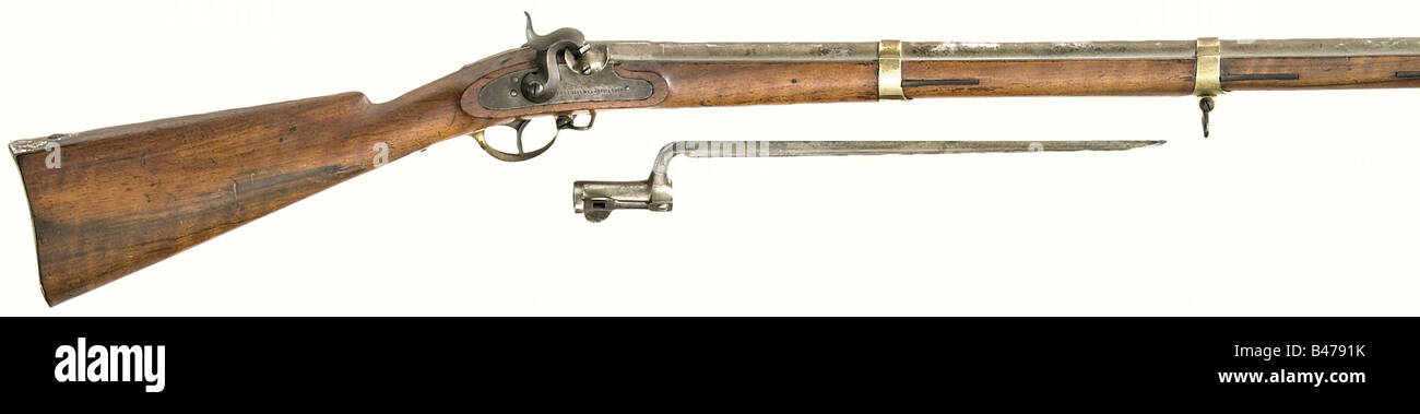 A cadet musket model 1839, Haenel in Suhl, dated 1862. Barrel with smooth bore in 13 mm calibre. Percussion lock with the manufacturer's inscription, "Carl Haenel in Suhl 1862". Walnut stock with brass furniture. Iron ramrod. The socket bayonet belongs with the rifle, and has a blued locking spring. Length 103.5 cm. historic, historical, 19th century, Prussian, Prussia, German, Germany, militaria, military, object, objects, stills, clipping, clippings, cut out, cut-out, cut-outs, firearm, fire arm, gun, fire arms, firearms, guns, handgun, weapon, arms, weapons,, Stock Photo