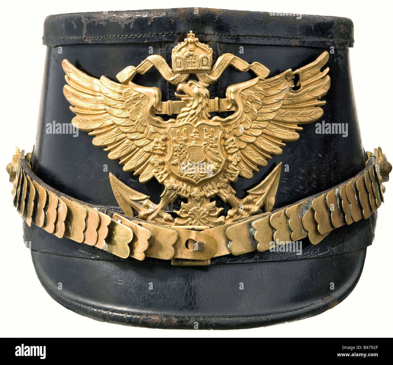 A shako for marines., Private purchase. Black lacquered leather body. Gilded eagle plate and metal chinscales (one link replaced Stock Photo