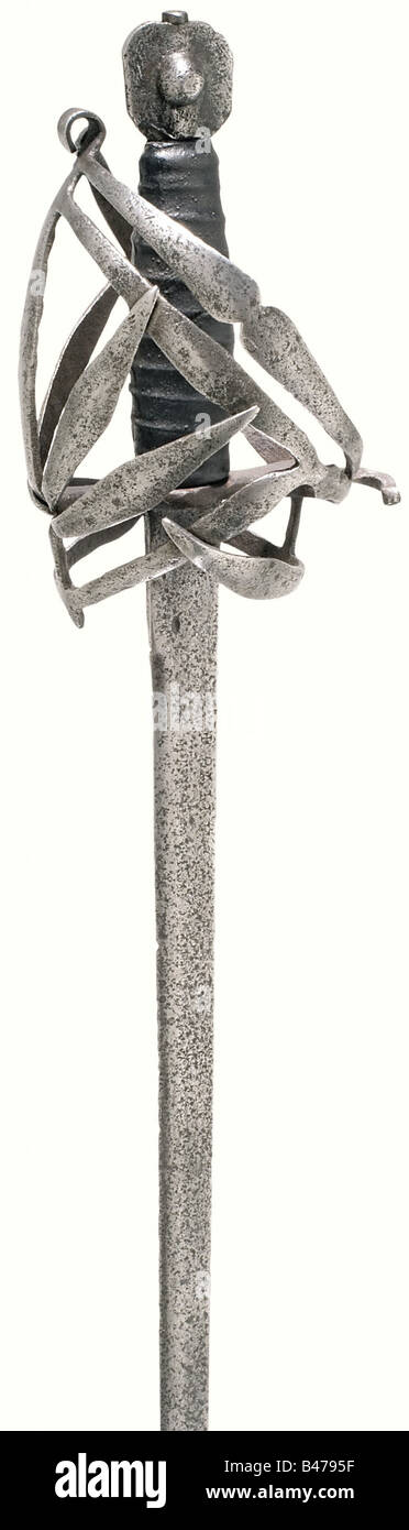 A shiavona, Italy, circa 1600. A slender single-edged blade with a double-edged point. There is an inscription, partially worn off by cleaning, stamped between Maltese crosses on both sides of the blade at its base. Typical skeleton basket hilt. Grip cover leather replaced. Iron cat's head pommel. Length 97 cm. historic, historical, 17th century, sword, swords, weapons, arms, weapon, arm, fighting device, military, militaria, object, objects, stills, clipping, clippings, cut out, cut-out, cut-outs, melee weapon, melee weapons, metal, Stock Photo