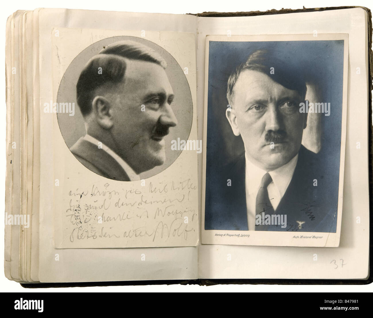 Harald Lindenberg - an autograph album., An album of memorabilia from the period 1926 - 1939, beginning with three photos of aviators from the First World War and a portrait postcard of Manfred Baron von Richthofen, signed in ink 'Frhr. von Richthofen Rittmeister', and 'Geschenk von Onkel Bülow' (Present from Uncle Bülow) written on the back. The album continues with, among others: Friedrich Ebert (photo and autograph), Ludendorff (photo and autograph), Gerhart Hauptmann (autograph), John Hagenbeck (newspaper photo and autograph), Franz von Epp (photo and autog, Stock Photo