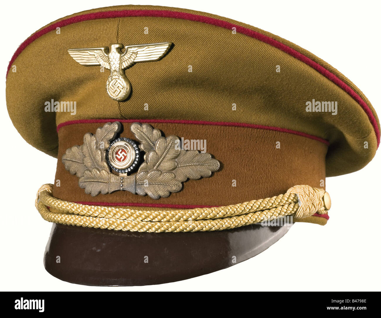 A service cap for political leaders, in the Gauleitung. Of light brown gabardine with a brown cap band and Bordeaux red piping, golden metal insignia, golden Cello cap cord, golden silk lining, and brown leather sweatband with the RZM label underneath. Size 56 1/2. historic, historical, 1930s, 1930s, 20th century, party organisation, party organization, organisations, organizations, organization, organisation, party, parties, political party, German, Germany, NS, National Socialism, Nazism, Third Reich, German Reich, utensil, piece of equipment, utensils, objec, Stock Photo
