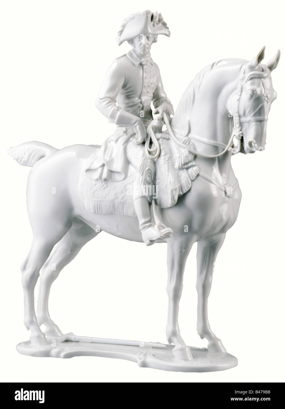 Frederick the Great., White glazed porcelain. The artist's signature 'Prof. Th. Kärner' stamped on the bottom, the manufacturer's mark and model number '94' have been effaced. Presumably small replacments (blade of the small sword) and restorations. Possibly an Eschenbach production? Height 29 cm. people, 1930s, 1930s, 20th century, object, objects, stills, clipping, clippings, cut out, cut-out, cut-outs, man, men, male, Stock Photo
