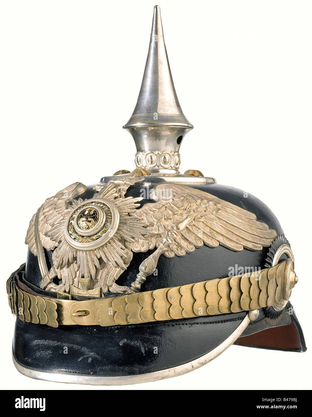 Count Karl von der Schulenburg-Wolfsburg - an officer's helmet, for the 5th Regiment of the Foot Guards, Spandau. Black leather skull, silver plated fittings, large guards eagle bearing the enamelled star of the Order of the Black Eagle. Flat, gilded metal chinstrap, gilded star screws, and both cockades. It comes with the field grey helmet cover. There is an inventory label in the helmet case (interior lining somewhat damaged) reading, 'Graf von der Schulenburg-Wolfsburg, Gen.-Maj. a.D. 5. Garde-Regiment zu Fuß, Ritter des Ordens Pour le mérite' (Count von der, Stock Photo